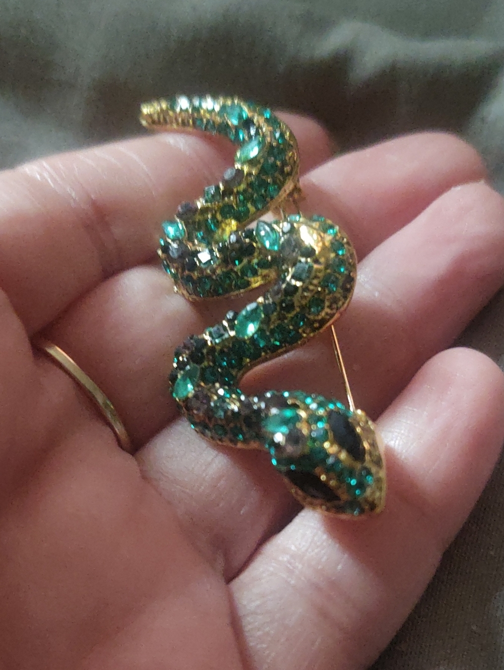 Green Rhinestone Serpent Brooch - Picture 2 of 4